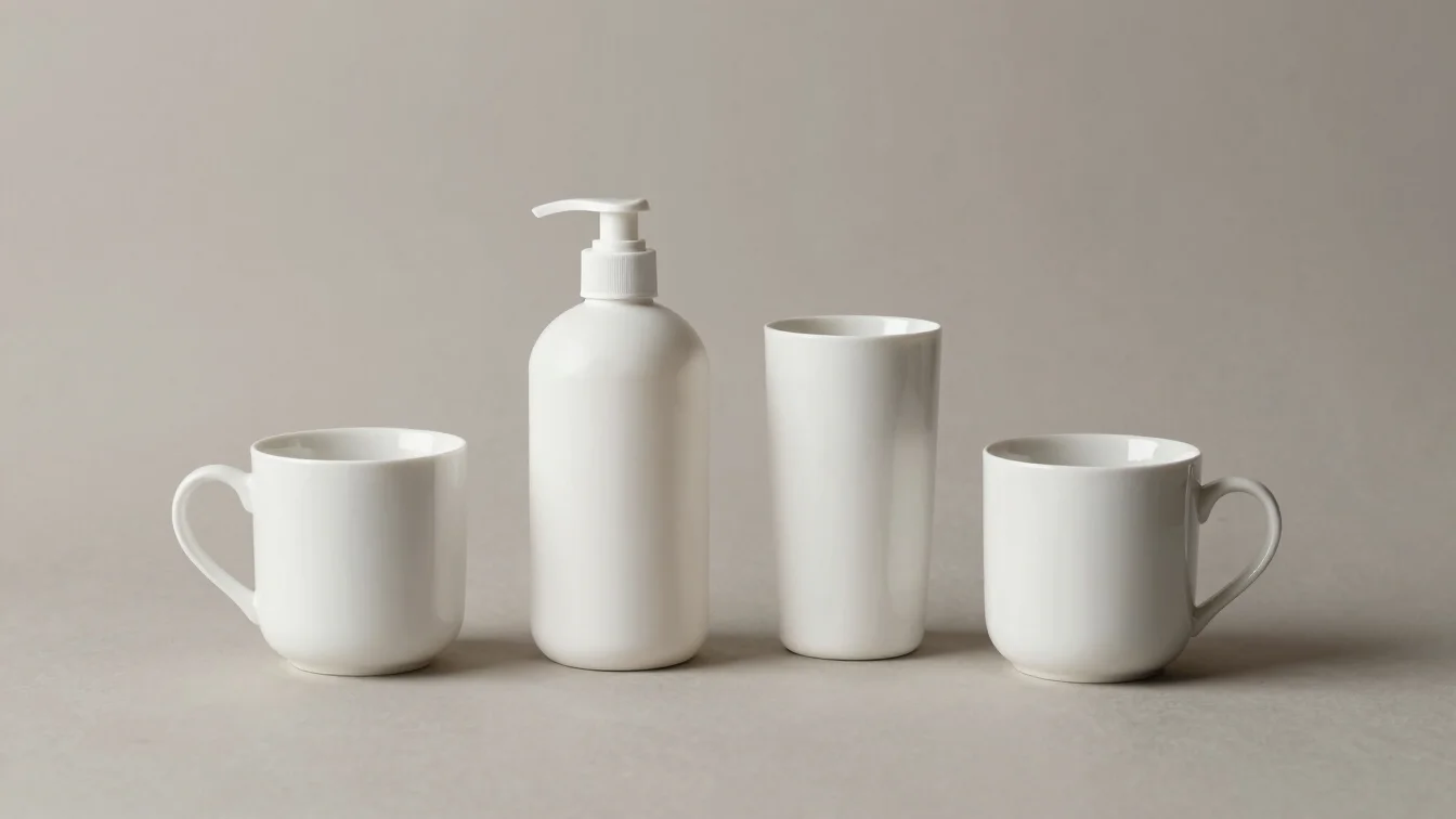 Clean studio photograph of household goods arranged simply on a r