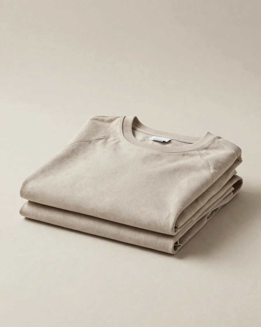 Clean studio product photograph of a folded garment and a household item together on a quiet neutral surface, soft dayli