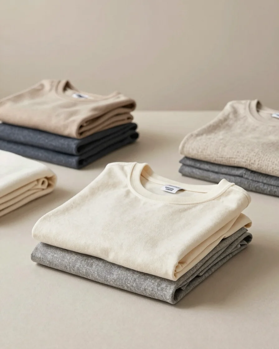 Clean product photography of folded clothing beside neatly arrang