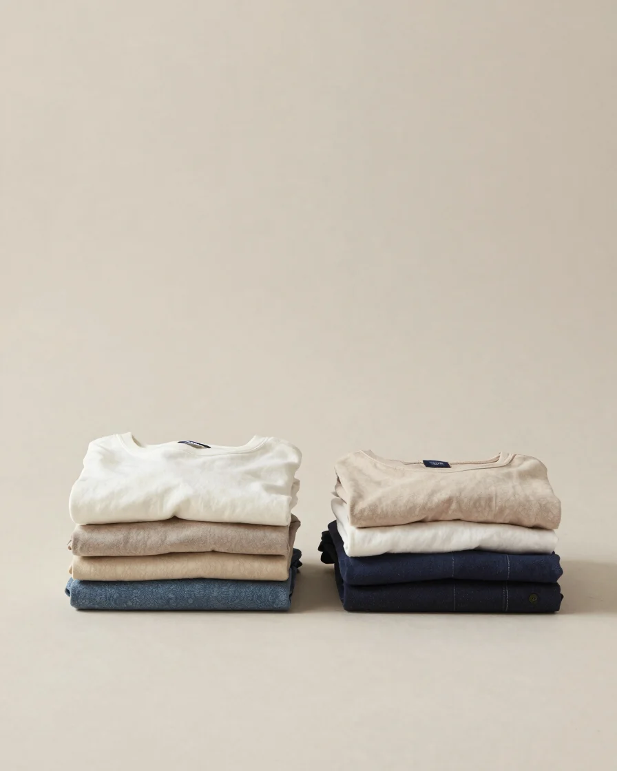 Clean product photography of folded clothing beside neatly arranged household goods on a soft neutral studio backdrop, s